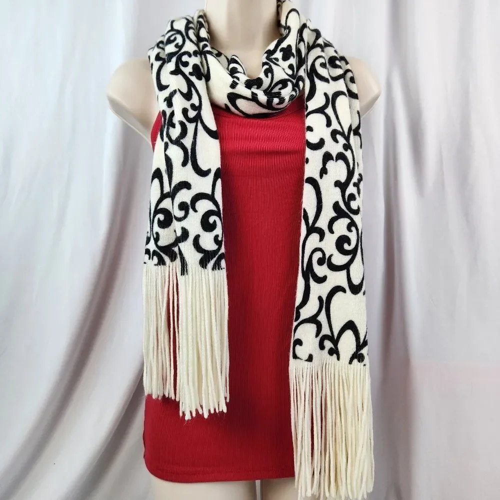 💜Vintage Ivory & Black Scroll Print Pashmina Scarf